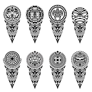 Set of tattoo sketch maori style for leg or shoulder. With turtle, sun face, mask, swastika.