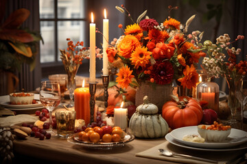 A table set for a September feast with candles flowers and autumnal motifs. 