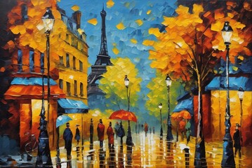 Painting of the Eiffel Tower in paris, a Leonid Afremov style oil painting, pixabay contest winner, american scene painting, detailed painting, impressionism, fauvism