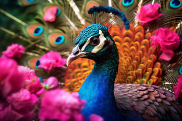 Peacock with feathers. Selective focus on the eye