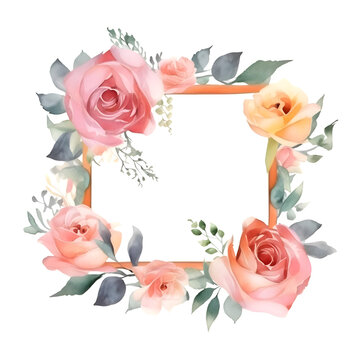 Watercolor floral frame with pink roses. eucalyptus branches and leaves.