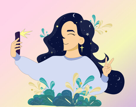 Vector illustration in cartoonish style of young girl taking selfie. beautiful girl with smiling, with cosmic dark hair in the flowers.
