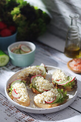 A plate with sandwiches with cottage cheese, radish and cucumber in rustic style	