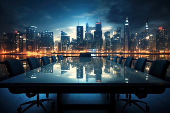 An Empty Board Table On The Terrace Of An Office With A Great View Of A Big City At Night.