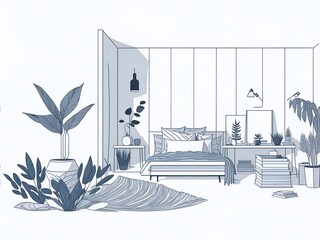 Modern living room blueprint style draw. AI generated illustration