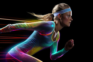 Sporty woman in a running suit with colorful trail behind. Generative AI