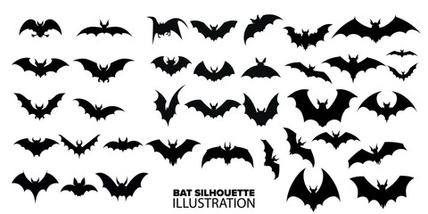 Get Ready for Halloween with Bat Silhouette Collection Set: Spooky Black Horror Vampire Vector Graphics - Transparent Background, PNG, Vector