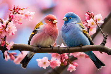 Obraz premium Colorful birds on cherry tree 