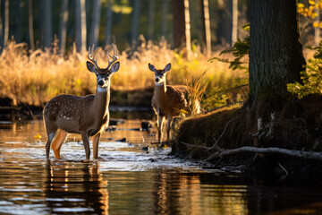 Deer at calm pond's edge 