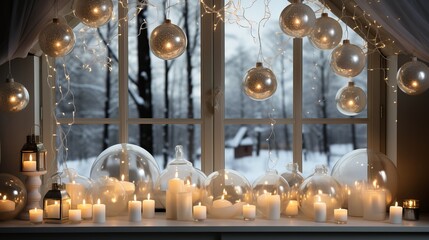 Festive New Year's decor inside the house for Christmas. Cozy atmosphere for the holiday weekend with Christmas decorations and lights garlands