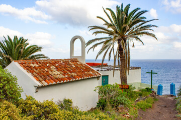 Coastal Church and Palm at Roque Bermejo, Tenerife, Canary Islands, Spain