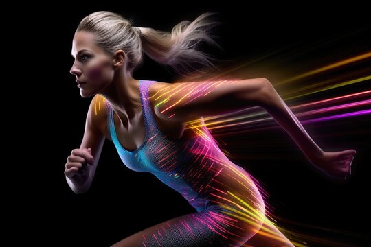 Sporty woman in a running suit with colorful trail behind. Generative AI