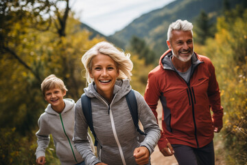 Grandparents jogging with their grandchildren on a scenic trail, creating memories filled with love, family, love,  