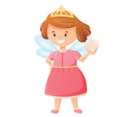 Cute childish character Tooth Fairy with wings. Cartoon vector isolated girl princess with golden crown.