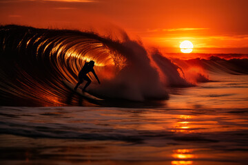 Surfers riding waves at sunset 