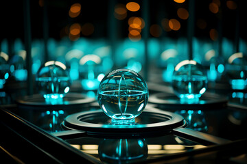 Fototapeta na wymiar Glass spheres resembling gyroscopes on round iron bases