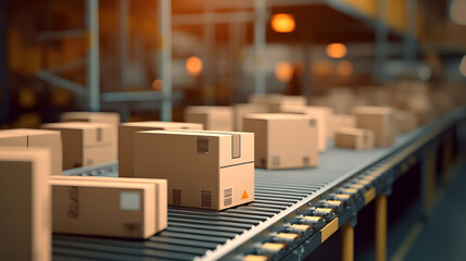 Closeup of multiple cardboard box packages seamlessly moving along a conveyor belt in a warehouse fulfillment center, a snapshot of e-commerce, delivery, automation and products.