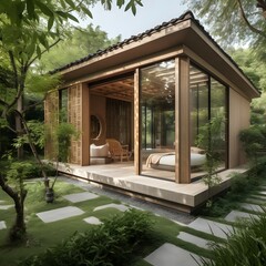 Fototapeta A villa garden tea house with a focus on natural materials, such as wood, bamboo, and stone, that create a sense of harmony with the environment. A villa garden tea house with a focus on minimaliste obraz