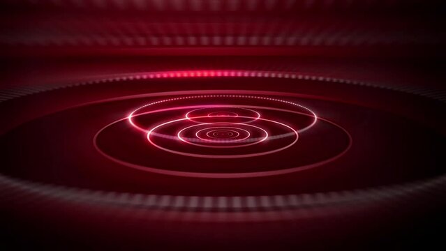 4K red signal waves animation in loop. Vibrant and shiny glowing ripples. Hypnotizing spiral circulars radiating outward stock video.