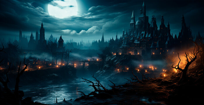 Creepy night in dark medieval castle, scary atmosphere for Halloween holiday background concept - AI generated image