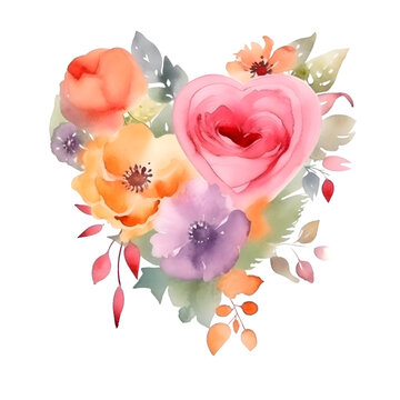 Watercolor heart with flowers. Handmade. Illustration. Isolated on white background.