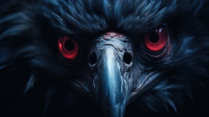 Close-up of a ruffled head of a black bird with red eyes looking at the camera. Crow or raven with mystical bloody eyes. The look of a predator. Illustration for cover, interior design, decor, print. - obrazy, fototapety, plakaty