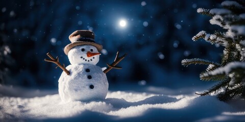 Obraz premium winter wonderland scene with a snowman on a snow-covered surface, adorned with snowflakes on the branches, bathed in natural moonlight. Christmas and new year concept