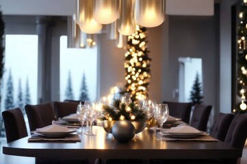 modern Christmas atmosphere during a family gathering. Shiny metallic surfaces and a Christmas table centerpiece catch the eye, illuminated by bright ceiling lights in the evening