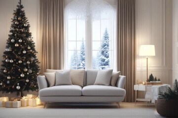 Decorative Noel and New Year interior living room concept, home style, furniture, Christmas tree. Happy new year at house concept.