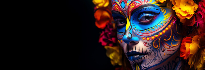 Fashion model skin face in original make-up for Day of the Dead on dark background. Close-up. Banner. Generative Ai content.