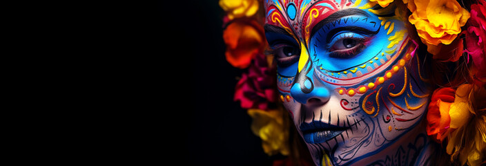 Naklejka premium Fashion model skin face in original make-up for Day of the Dead on dark background. Close-up. Banner. Generative Ai content.