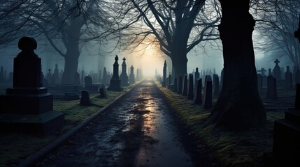A long way in a foggy cemetery.Created using Generative AI technology. - obrazy, fototapety, plakaty