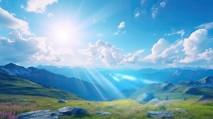 Fototapeta premium Panoramic view of a lush green valley on summer sunny day. Mountain range at dawn. Illustration for banner, poster, cover, brochure or presentation.