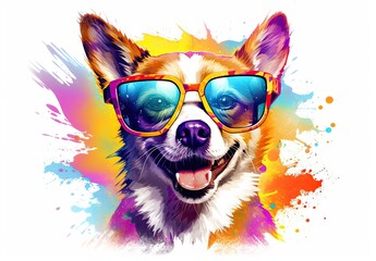 Stylish dog posing in sunglasses. Close portrait of furry puppy in fashion style is painted with watercolor paints with splashes of paint. Printable design for t-shirt, mug, case, etc. Illustration. - obrazy, fototapety, plakaty