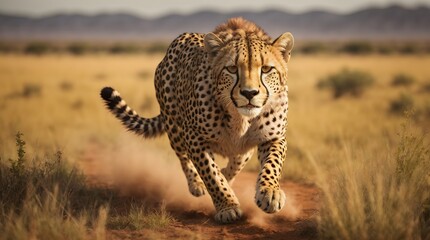 photo wildlife cheetah running on savanna - obrazy, fototapety, plakaty
