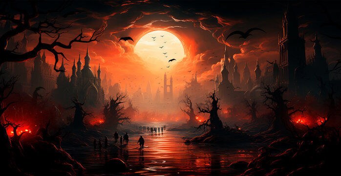 Creepy night in dark medieval castle, scary atmosphere for Halloween holiday background concept - AI generated image