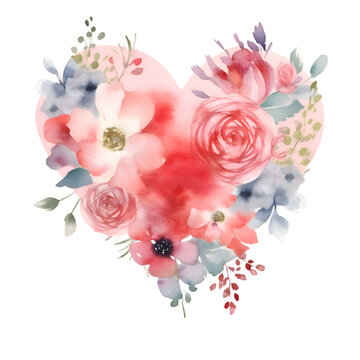 Watercolor heart with flowers. Hand painted illustration isolated on white background.