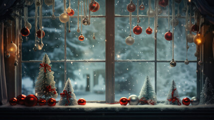 christmas decoration on the window, snow, red ornaments and small christmas trees - obrazy, fototapety, plakaty