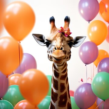 giraffe head with colorful balloons isolated on a white background. generative ai