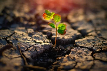 Rolgordijnen Junger Pflanzenspross in ausgetrockneter Erde © Comofoto