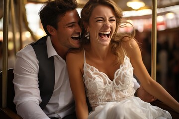 Naklejka premium Ideal bride and groom sitting on a big fair ride wheel. Generative AI