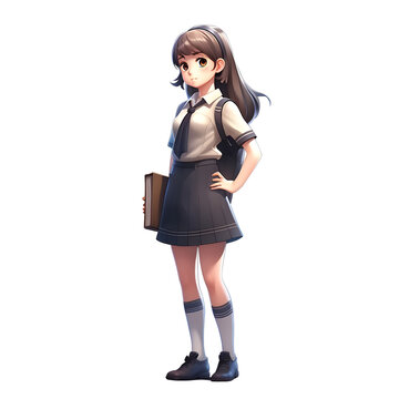 3D illustration of a school girl with a briefcase on a white background