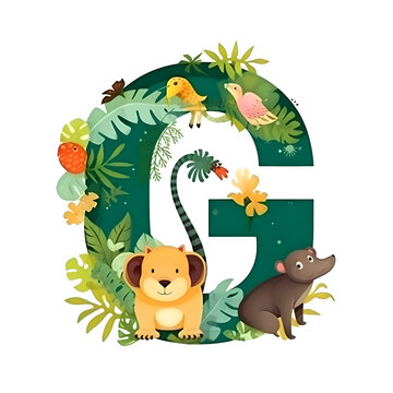 Font design for letter G with cute animals and tropical leaves illustration.