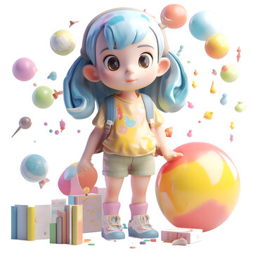 3d illustration of a cute little girl playing with a colorful ball