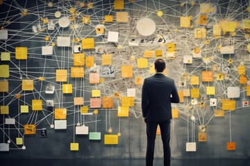 a man in business clothes standing with his back turned in front of a huge wall with sticky notes, cutouts and threads connecting the information. Detective investigative work in finance or business