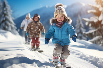Child on skis on a snow covered trail, smiling, blurred background with mother and sibling