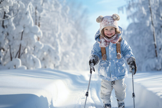 Young Kid, Girl, on skis on a snow covered trail, smiling, blurred background