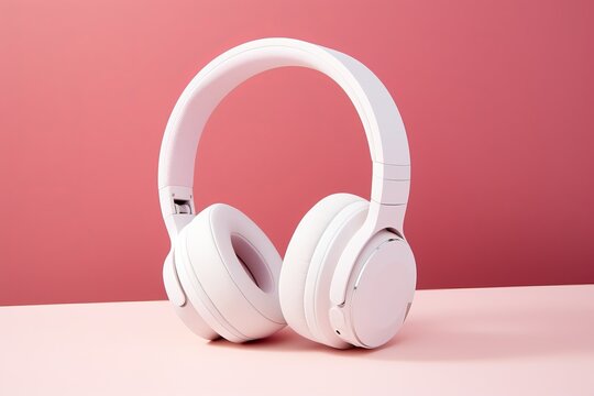 a studio photo of on-ear headphones on a solid color background, white and pink colors, negative space for text