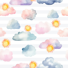 Seamless colorful clouds and sun pattern. Watercolor clouds and sun vector background in pastel colors