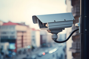 Surveillance camera overlooking a city square to monitor activities.  - obrazy, fototapety, plakaty